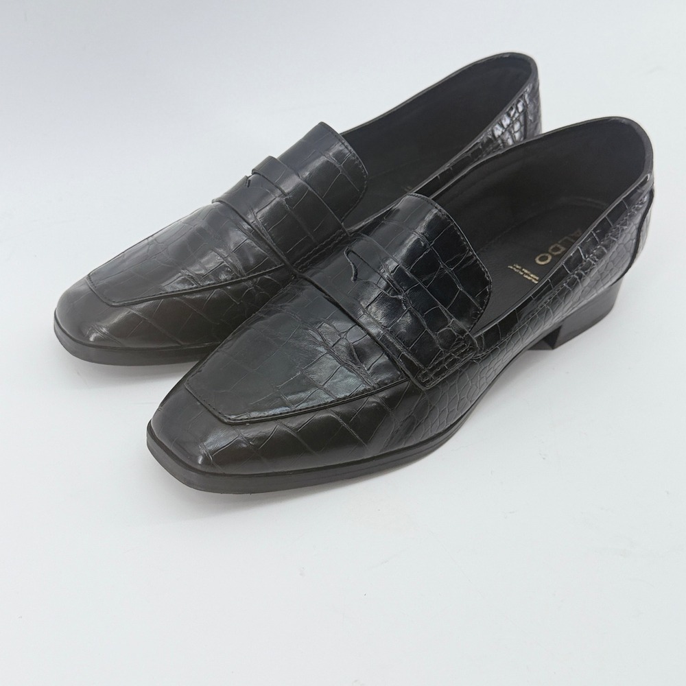 Aldo Black Croc Embossed Leather Penny Loafers Square Toe Flat Shoes Womens 8.5